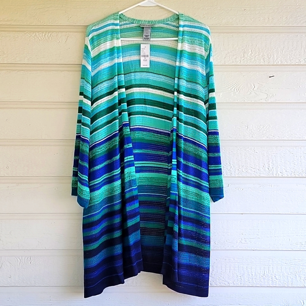 NWT Catherines 2X Open Front Cardigan Blue Green Striped Lightweight - Picture 3 of 12